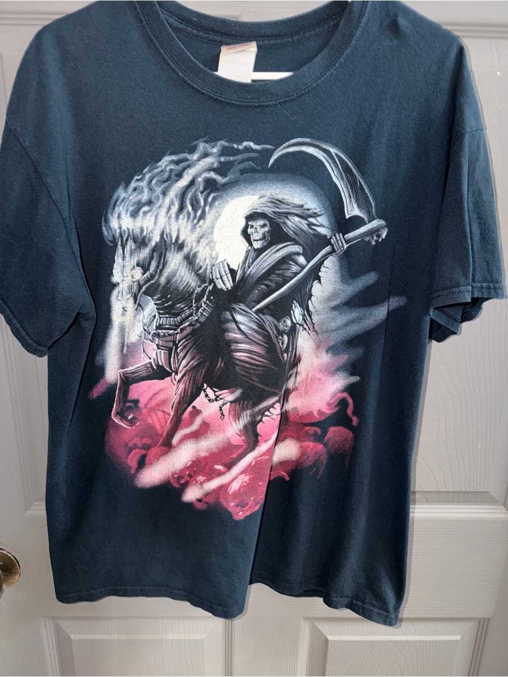 Gildan Navy Short Sleeve Tee with Pink and White Reaper Graphic